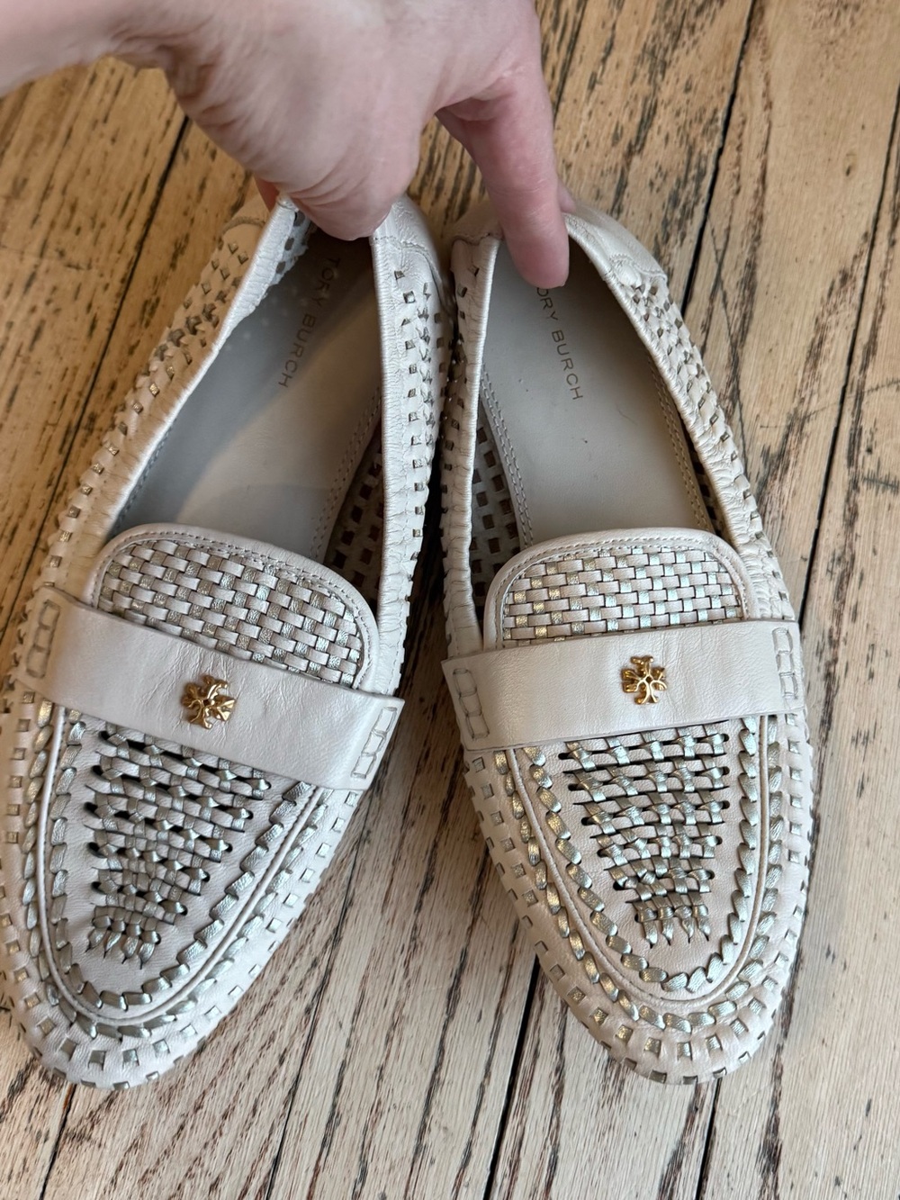 Tory Burch Cream Woven Leather Loafers with Gold Logo